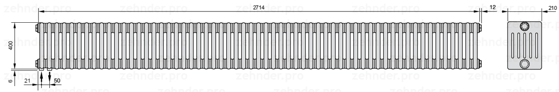 Схема (чертеж) Радиатор Zehnder Charleston 6040/59 №3370 Белый глянцевый RAL 9016